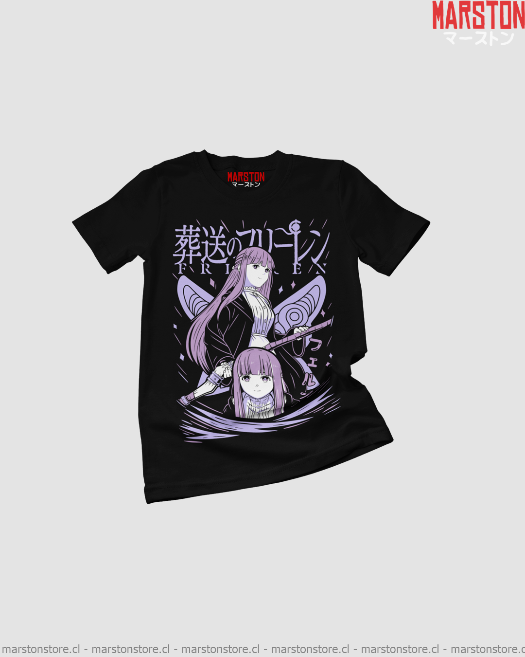 Polera negra Sousou no Frieren con diseño de Fern