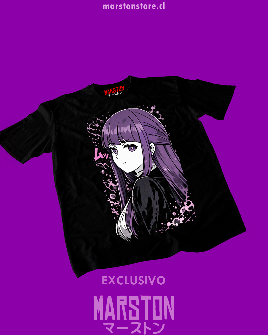 Polera negra Sousou no Frieren con diseño de Fern