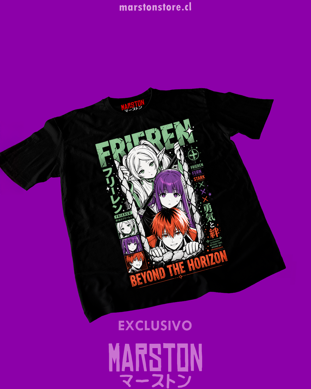 Polera negra Sousou no Frieren con Frieren, Fern y Stark