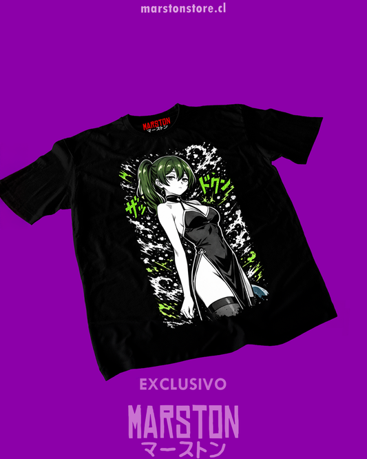 Polera negra Sousou no Frieren con diseño de Übel