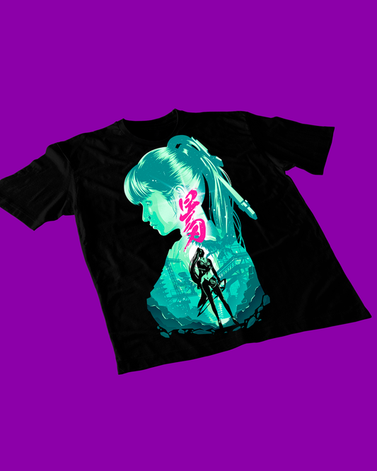 Polera negra Stellar Blade con diseño de Eve 07