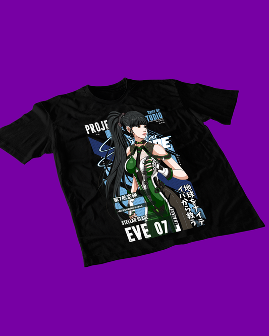 Polera negra Stellar Blade con diseño de Eve 07