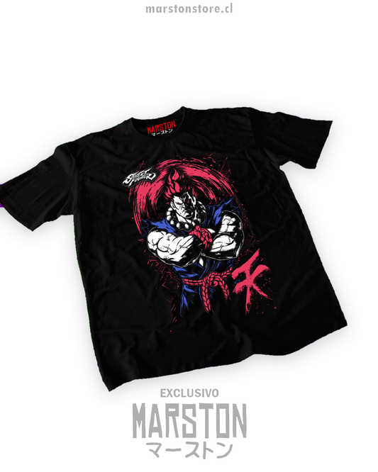 Polera negra Street Fighter con diseño de Akuma