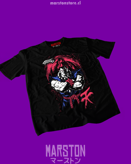 Polera negra Street Fighter con diseño de Akuma