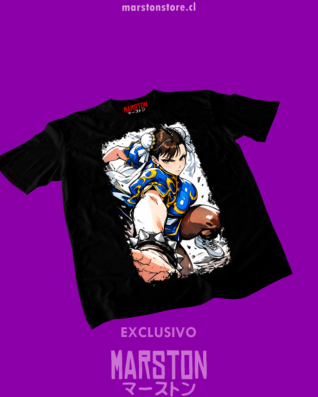 Polera negra Street Fighter con diseño de Chun-Li