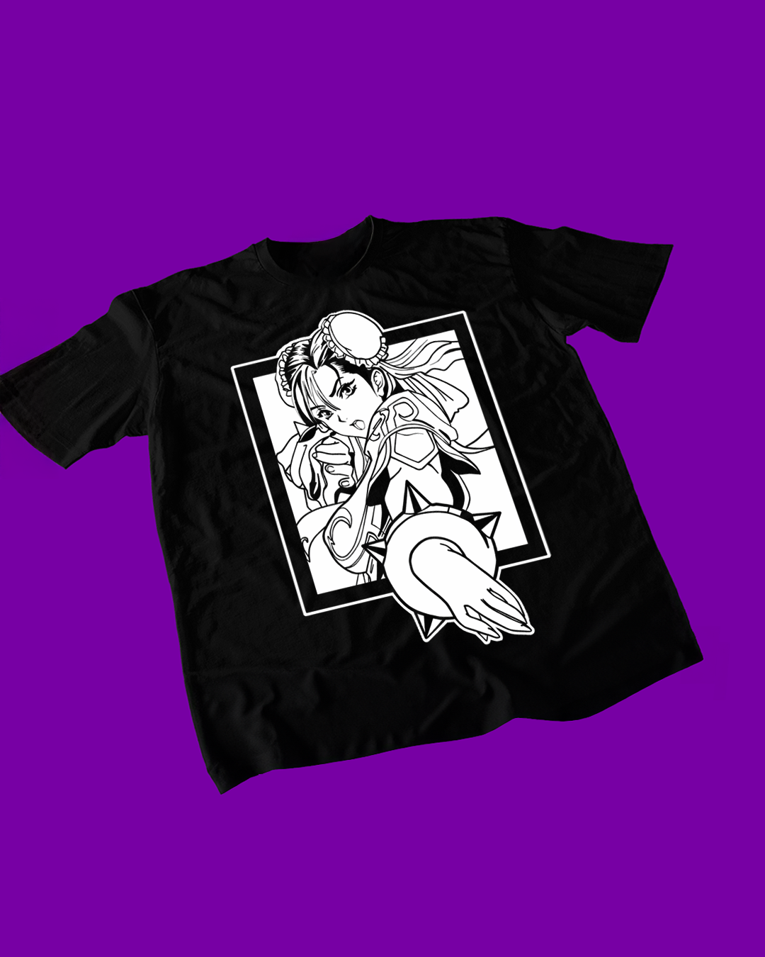 Polera negra Street Fighter con diseño de Chun-Li