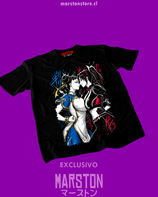 Polera negra crossover Street Fighter y Fatal Fury con Chun-Li y Mai Shiranui