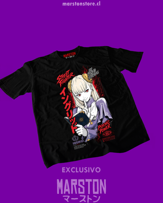 Polera negra Street Fighter con diseño de Ingrid