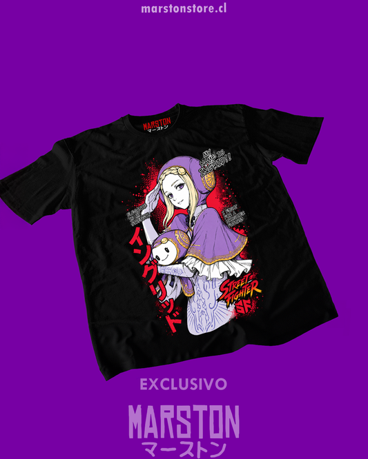 Polera negra Street Fighter con diseño de Ingrid