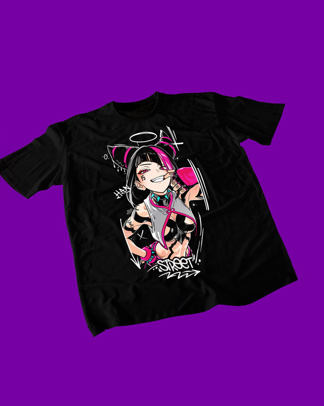 Polera negra Street Fighter con diseño de Juri Han
