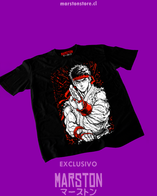 Polera negra Street Fighter con diseño de Ryu