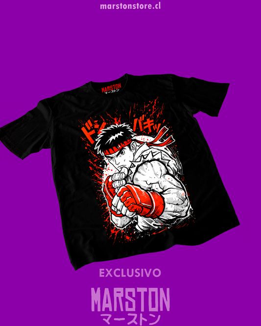 Polera negra Street Fighter con diseño de Ryu