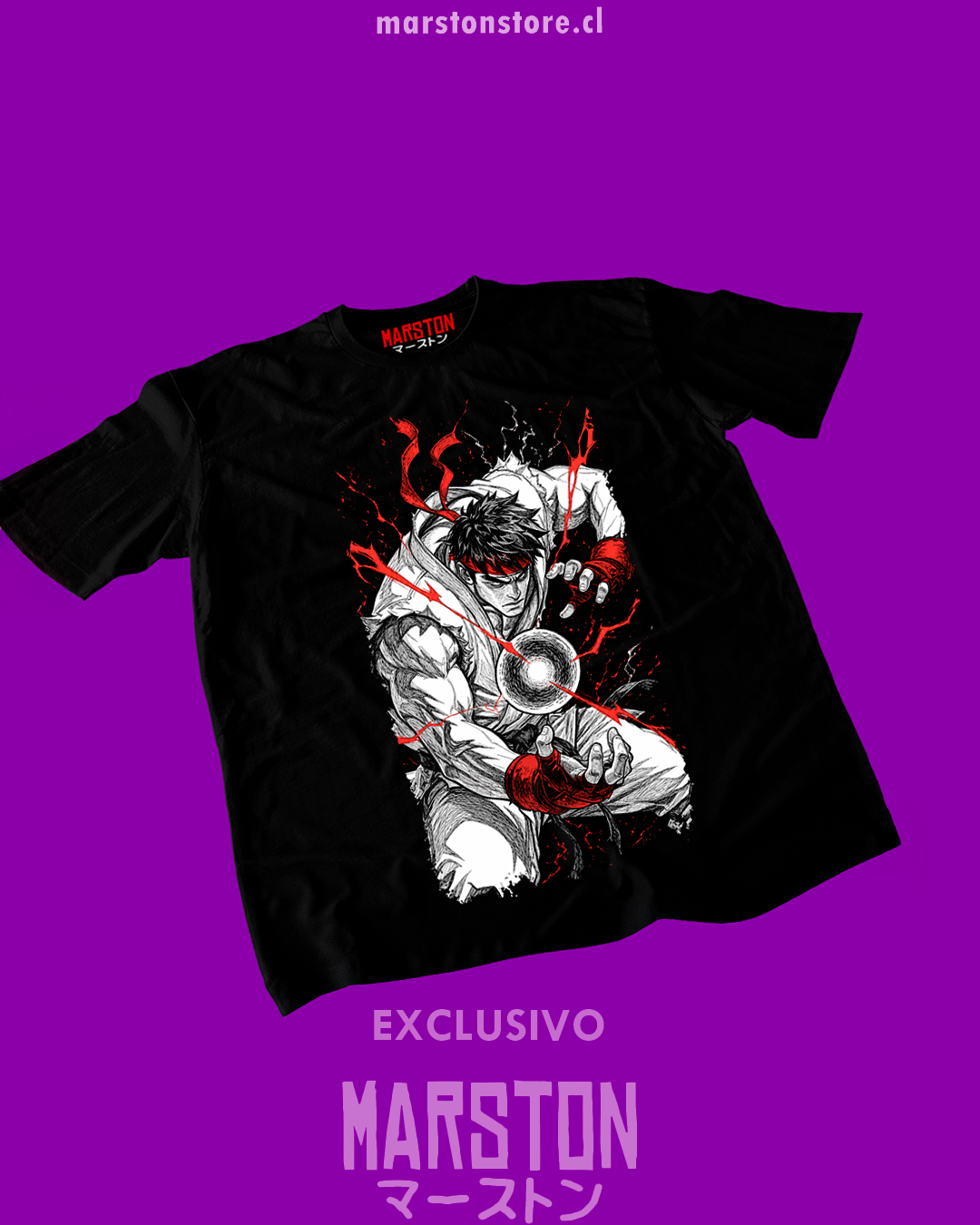 Polera negra Street Fighter con diseño de Ryu