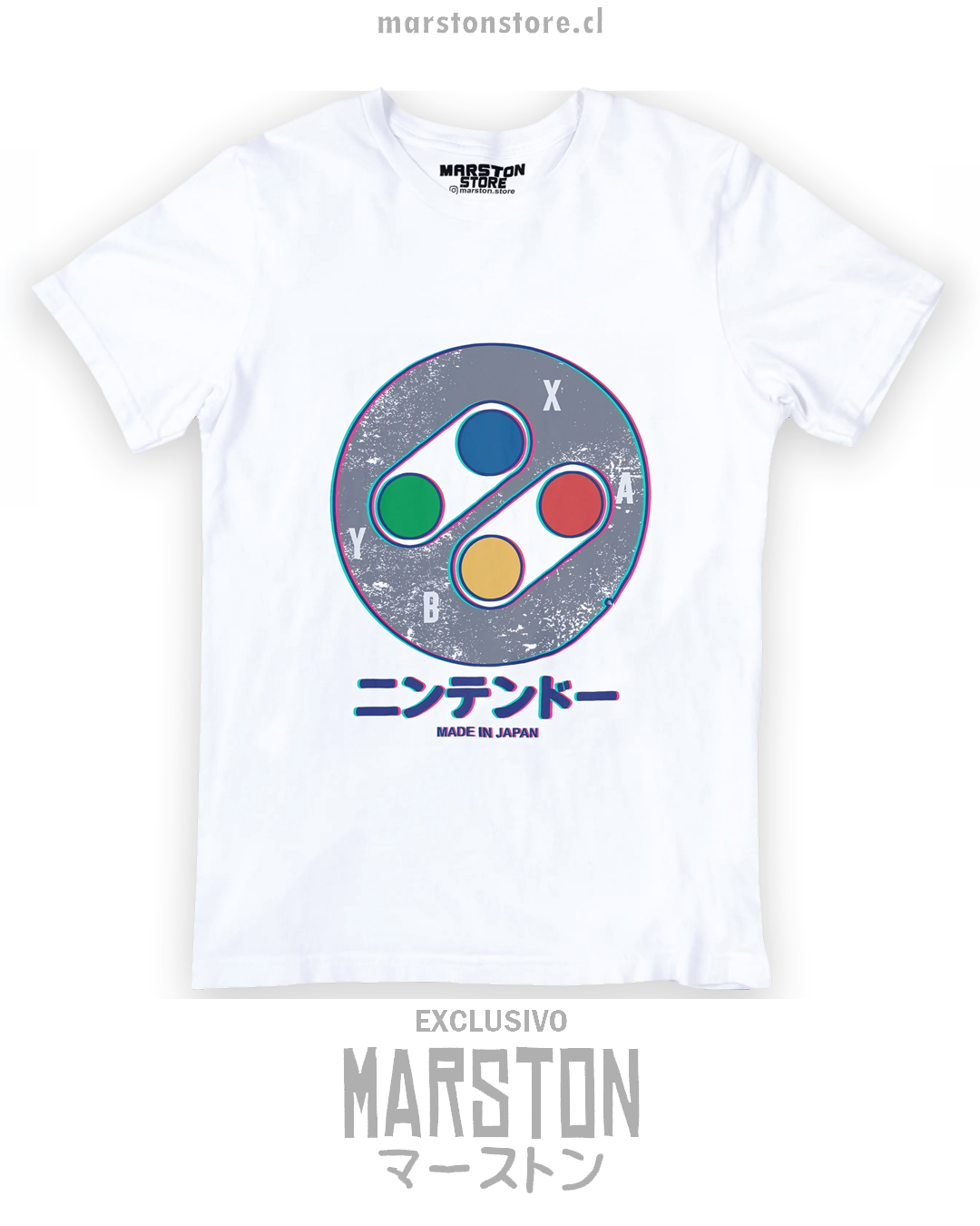 Polera blanca Super Nintendo con diseño inspirado en la consola SNES