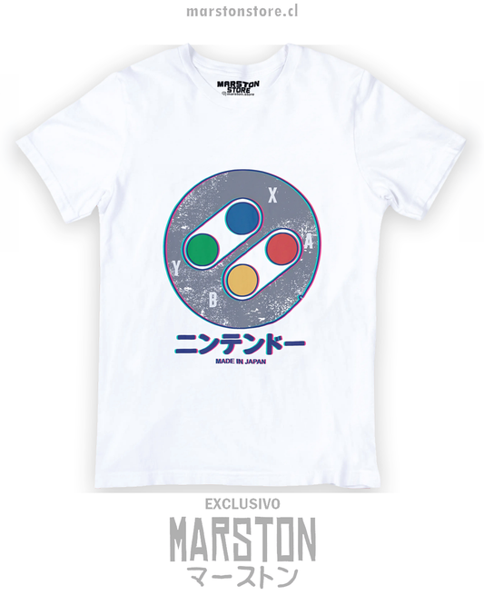 Polera blanca Super Nintendo con diseño inspirado en la consola SNES