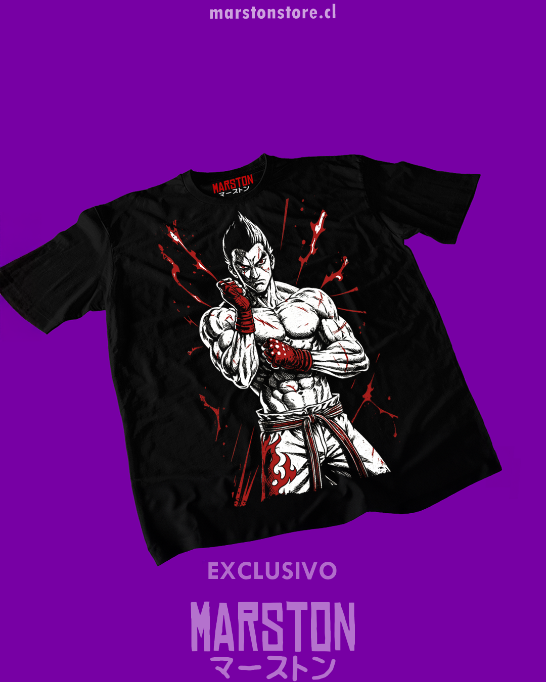 Polera negra Tekken con diseño de Kazuya Mishima