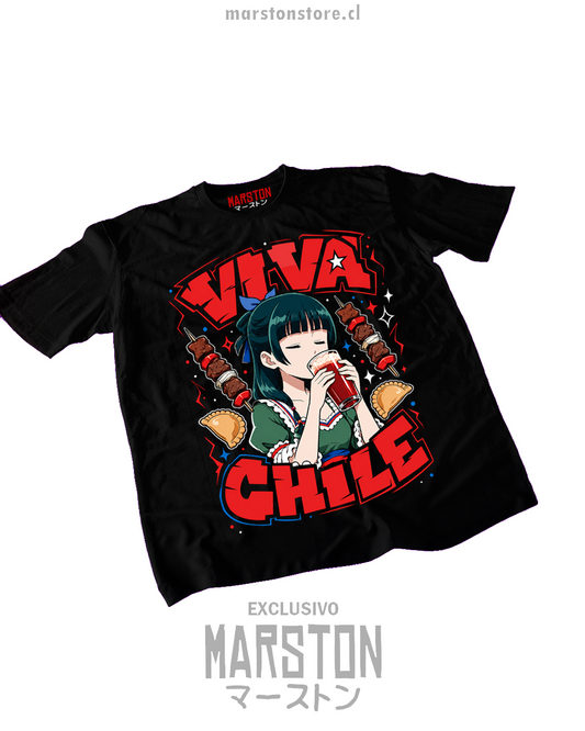 Polera negra The Apothecary Diaries de Maomao con diseño dieciochero para Fiestas Patrias de Chile