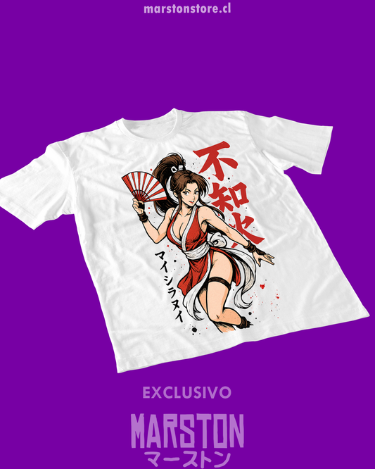 Polera blanca The King of Fighters y Fatal Fury con diseño de Mai Shiranui