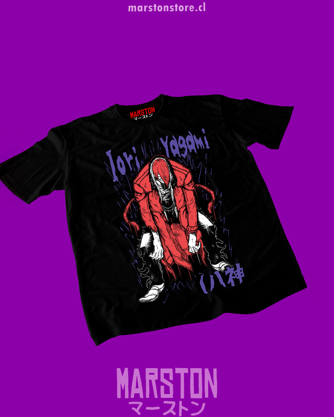 Polera negra The King of Fighters con diseño de Iori Yagami
