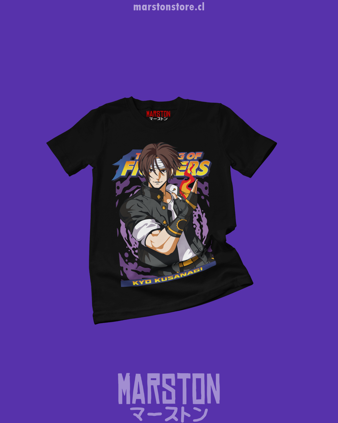 Polera negra The King of Fighters con diseño de Kyo Kusanagi