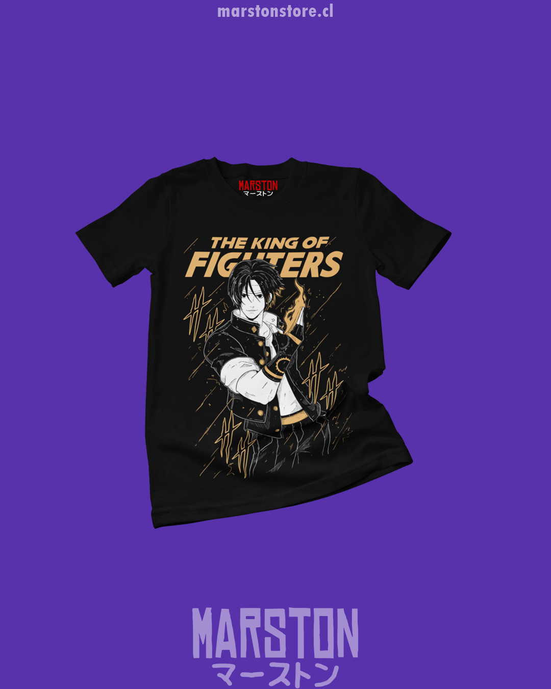 Polera negra The King of Fighters con diseño de Kyo Kusanagi