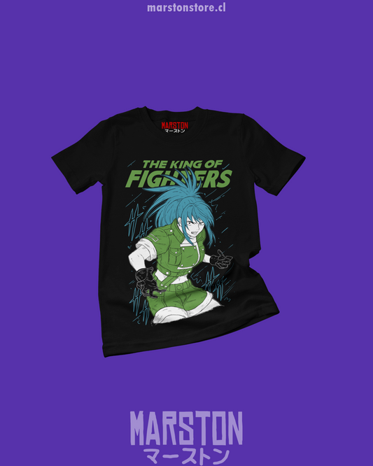 Polera negra The King of Fighters con diseño de Leona Heidern