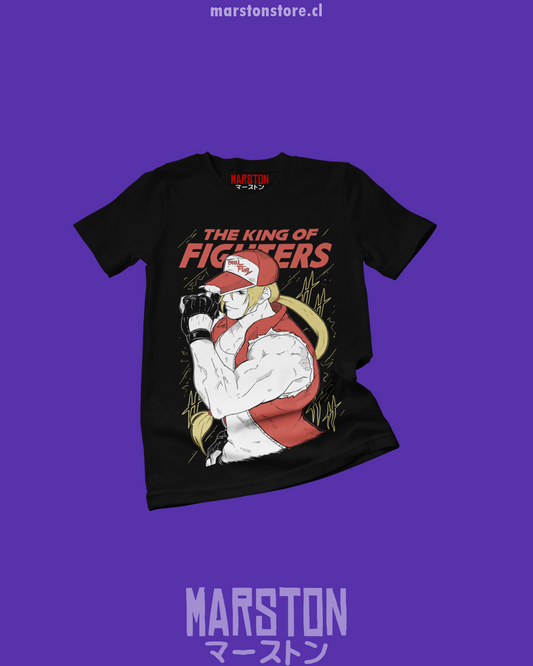 Polera negra The King of Fighters con diseño de Terry Bogard