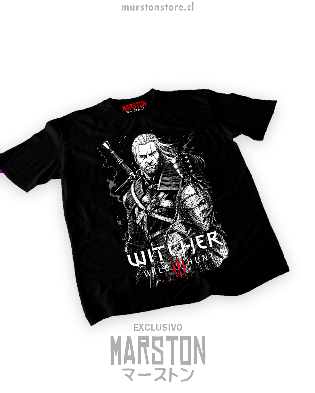 Polera negra The Witcher 3 con diseño de Geralt de Rivia