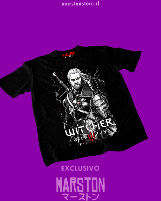 Polera negra The Witcher 3 con diseño de Geralt de Rivia