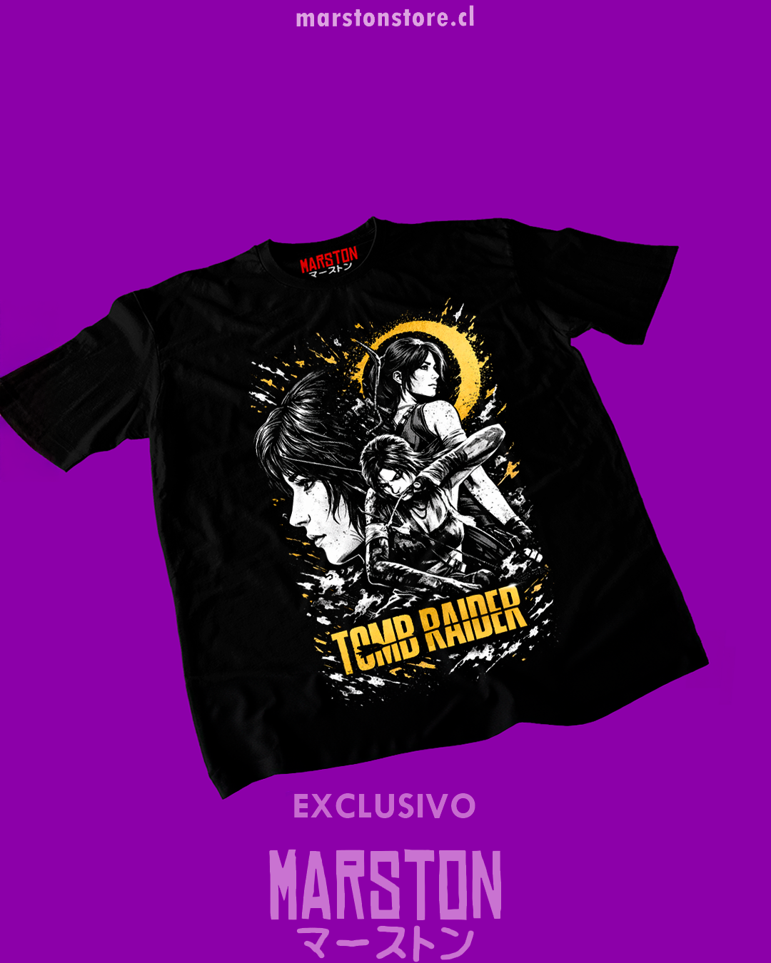 Polera negra Tomb Raider con diseño de Lara Croft