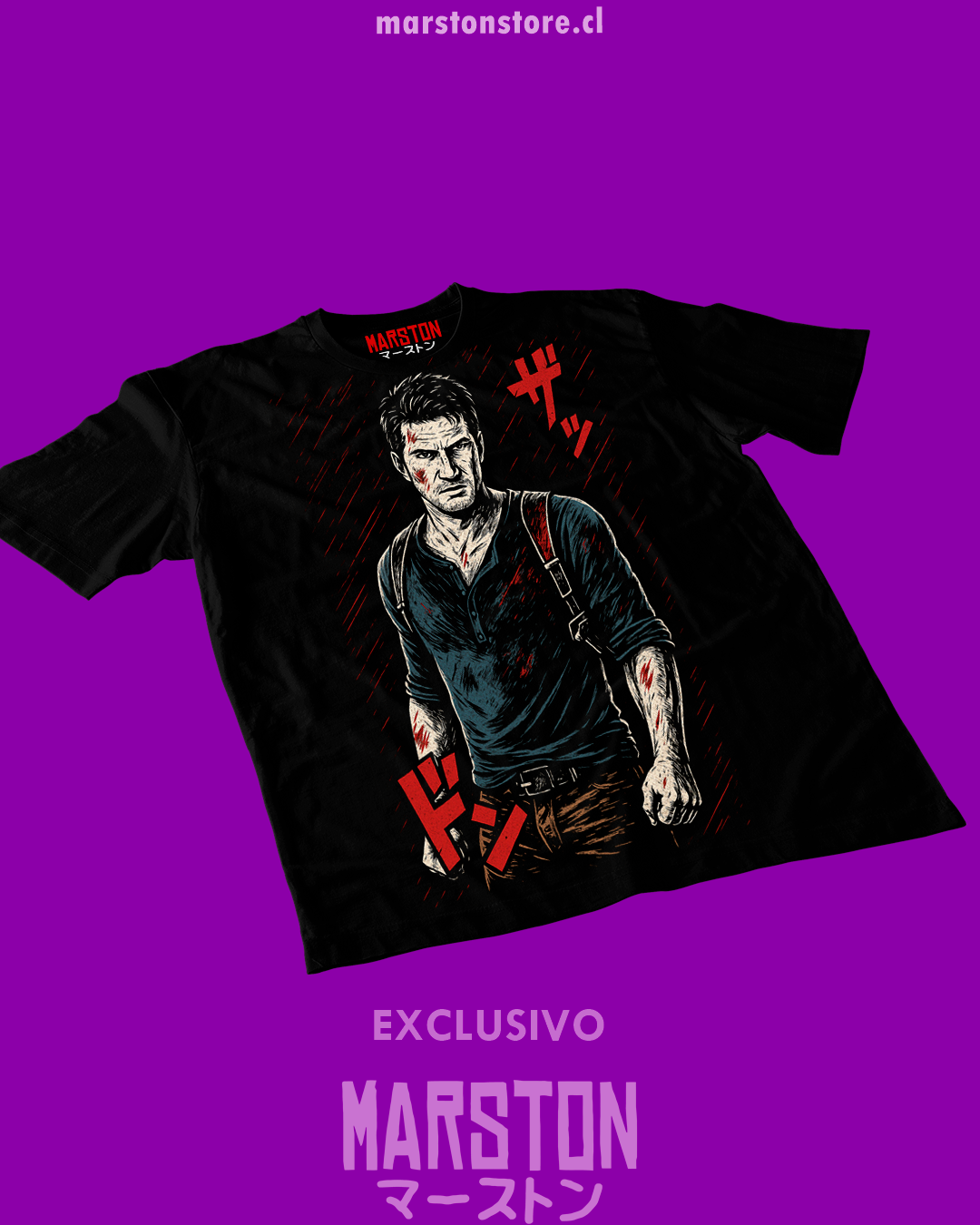 Polera negra Uncharted con diseño de Nathan Drake