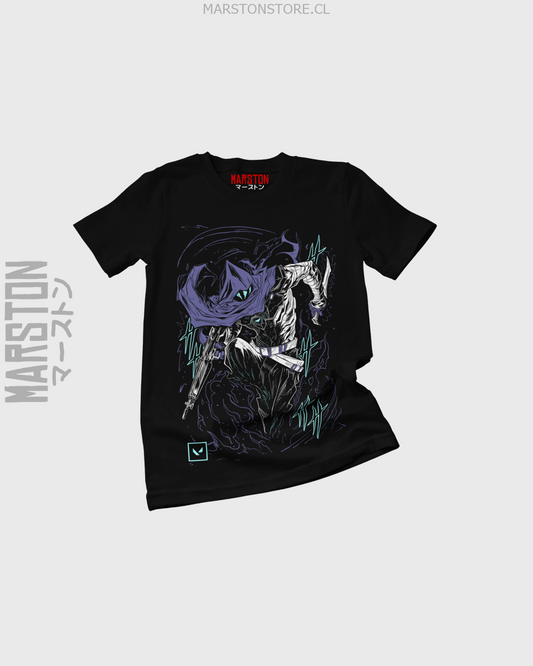 Polera negra Valorant con diseño de Omen