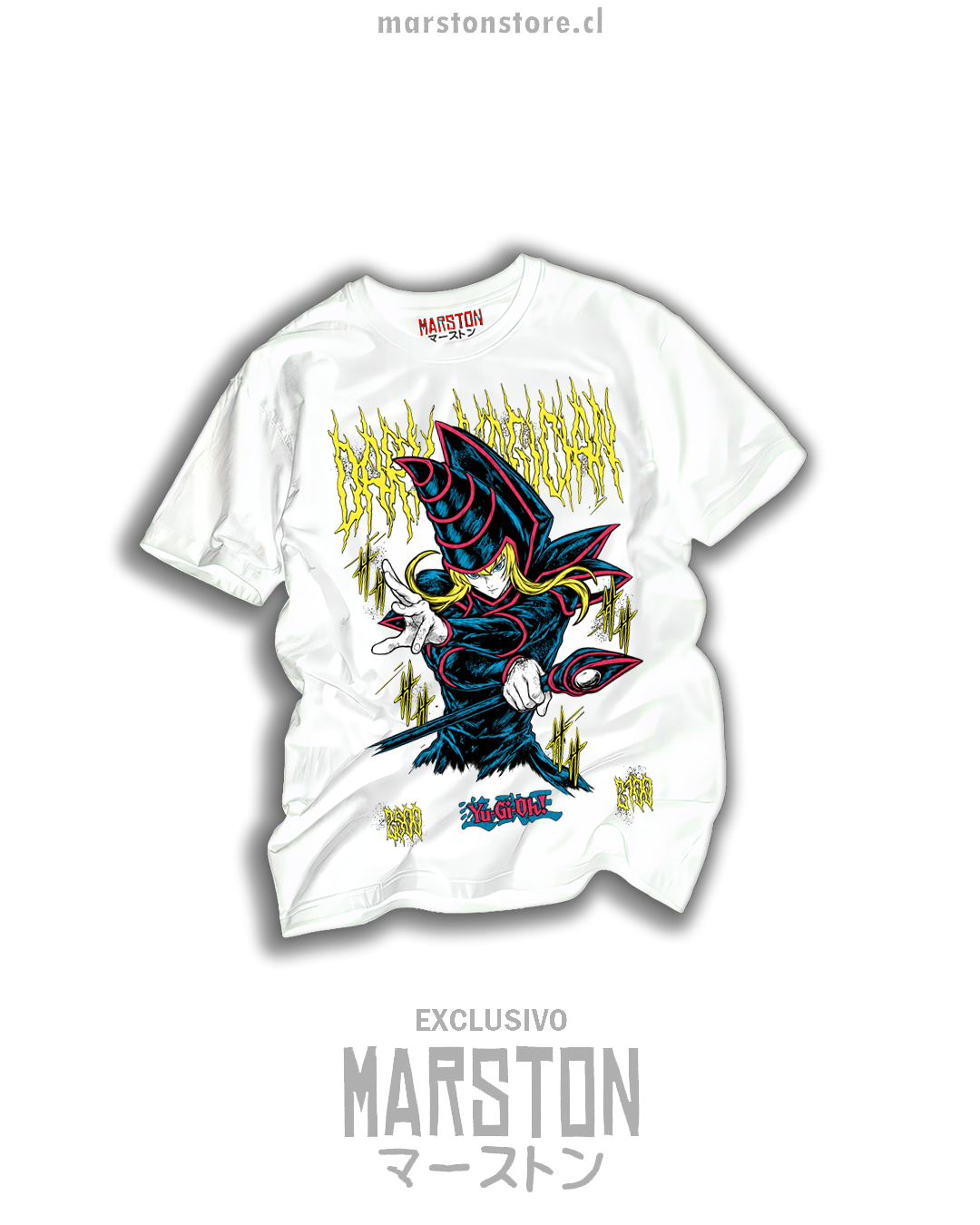 Polera blanca Yu-Gi-Oh! de Maga Oscura o Dark Magician Girl, colores fucsia cian y amarillo estilo metal