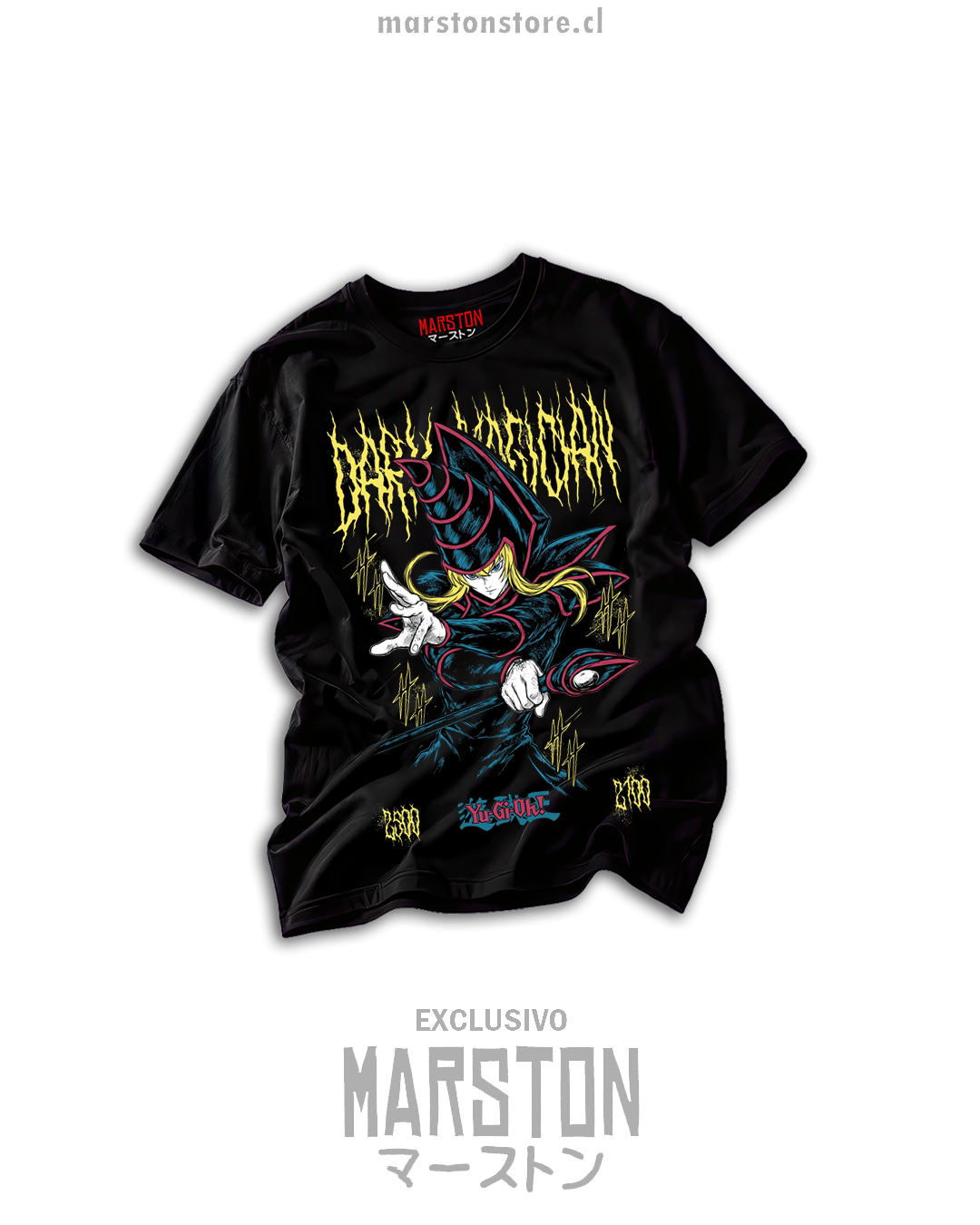 Polera negra Yu-Gi-Oh! de Maga Oscura o Dark Magician Girl, colores fucsia cian y amarillo estilo metal