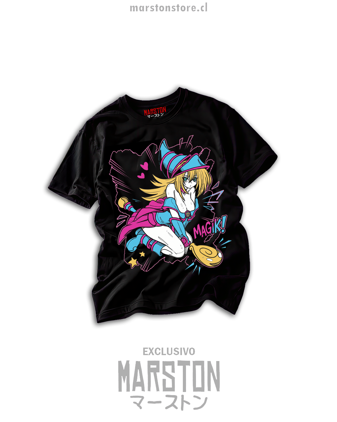 Polera negra Yu-Gi-Oh! con la Maga Oscura y texto Magic