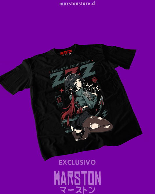 Polera negra con diseño de Zenless Zone Zero