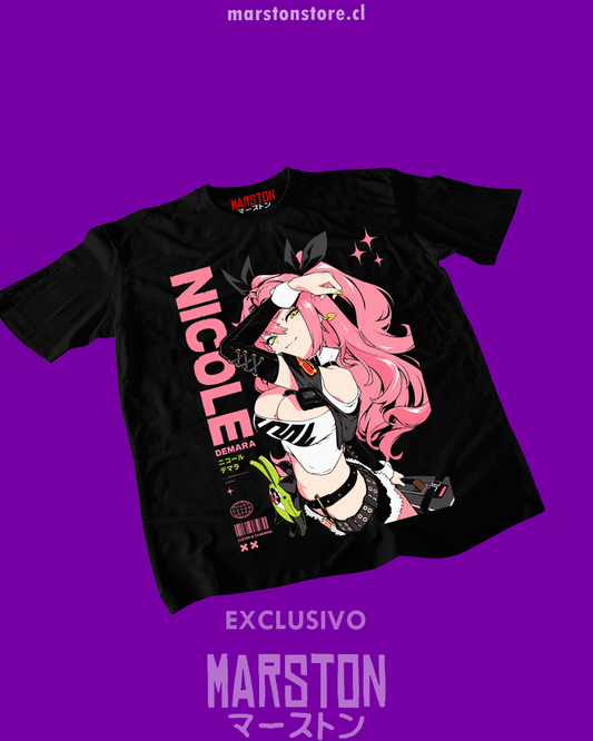Polera negra Zenless Zone Zero con diseño de Nicole Demara