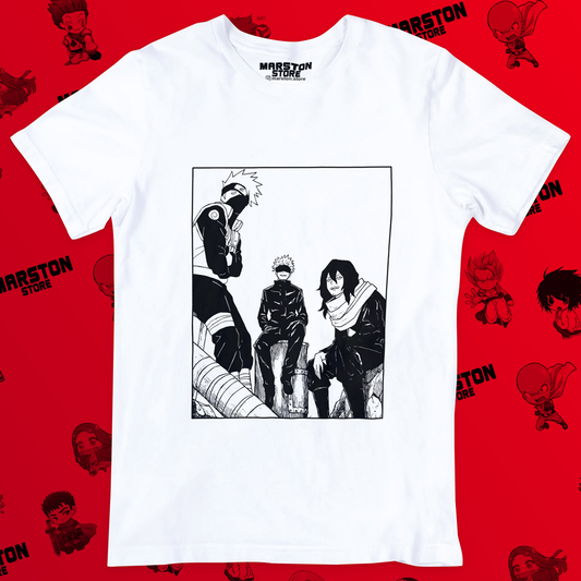 Polera blanca crossover anime con Aizawa, Satoru Gojo y Kakashi