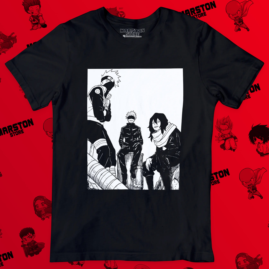 Polera negra crossover anime con Aizawa, Satoru Gojo y Kakashi