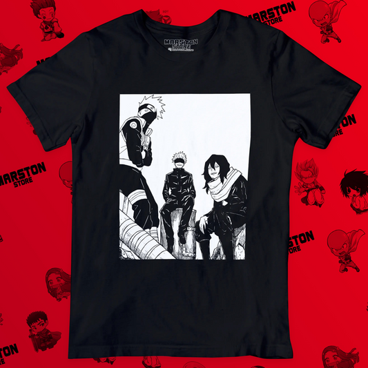 Polera negra crossover anime con Aizawa, Satoru Gojo y Kakashi