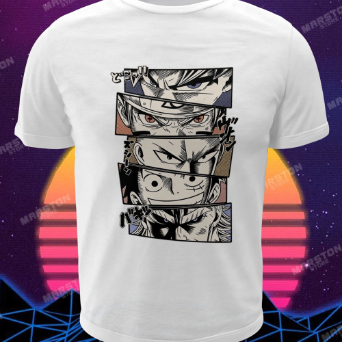 Polera blanca crossover anime con Gokú, Naruto, Saitama, Monkey D. Luffy y All Might