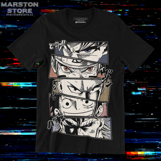 Polera negra crossover anime con Gokú, Naruto, Saitama, Monkey D. Luffy y All Might
