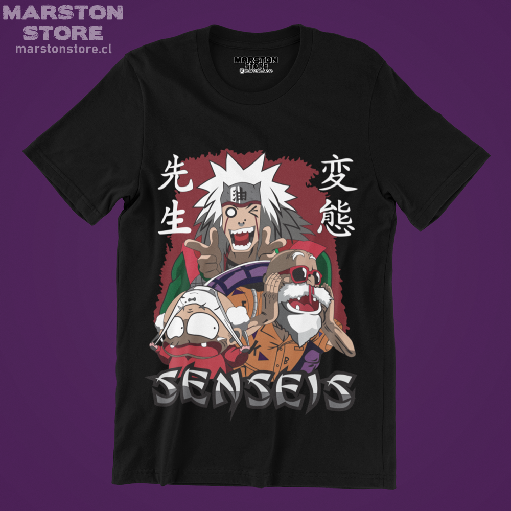 Polera negra crossover anime con Jiraiya, Maestro Roshi y Happosai