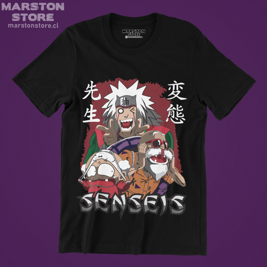 Polera negra crossover anime con Jiraiya, Maestro Roshi y Happosai
