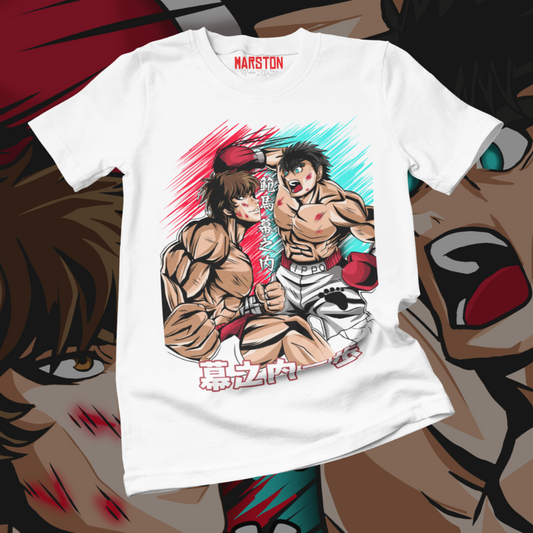 Polera blanca crossover Baki vs Hajime no Ippo con Baki Hanma e Ippo Makunouchi