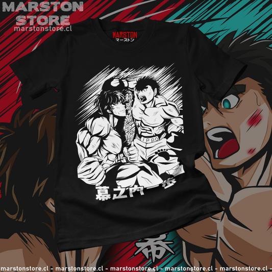 Polera negra crossover Baki vs Hajime no Ippo con Baki Hanma e Ippo Makunouchi