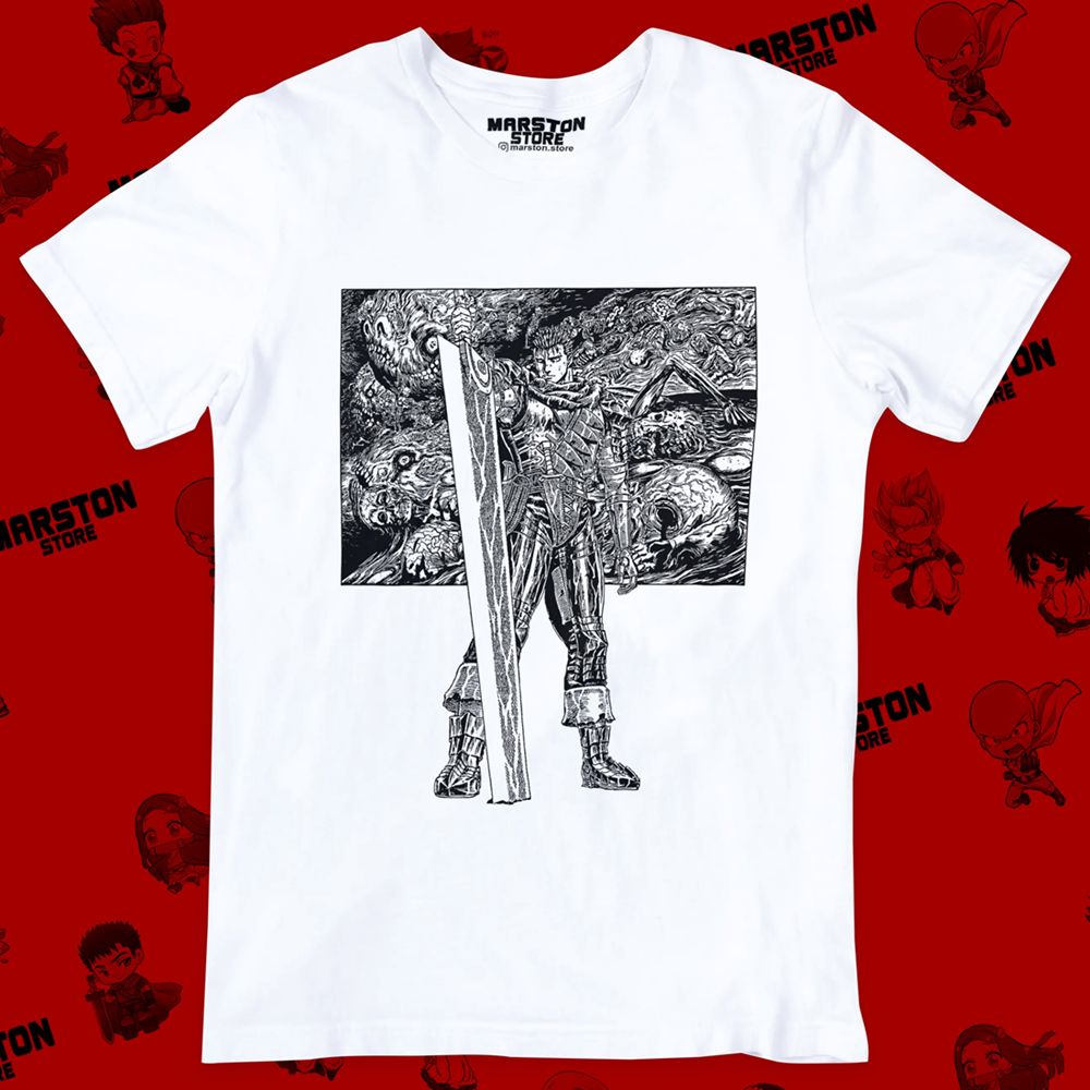 Polera blanca de Berserk con diseño inspirado en el manga