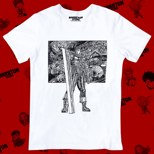 Polera blanca de Berserk con diseño inspirado en el manga