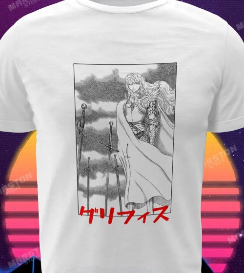 Polera blanca de Berserk con diseño inspirado en el manga