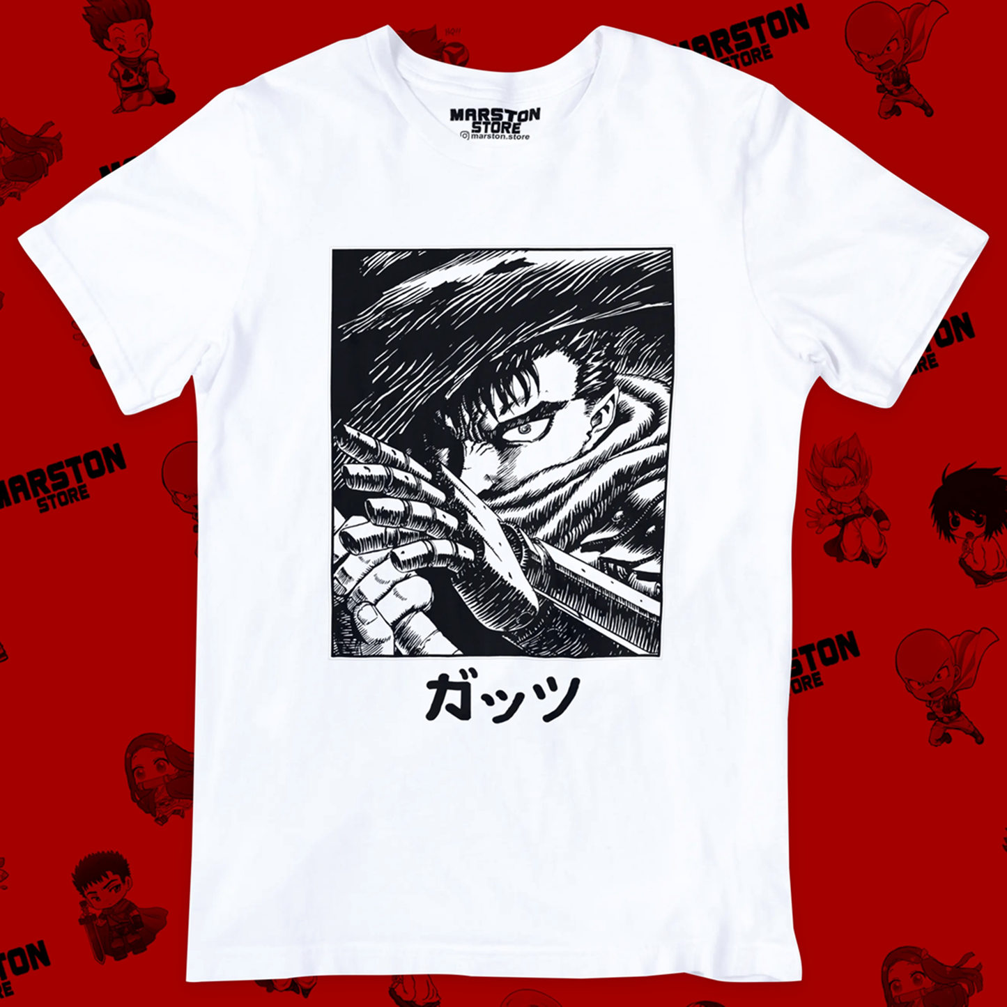 Polera blanca de Berserk con diseño de Guts